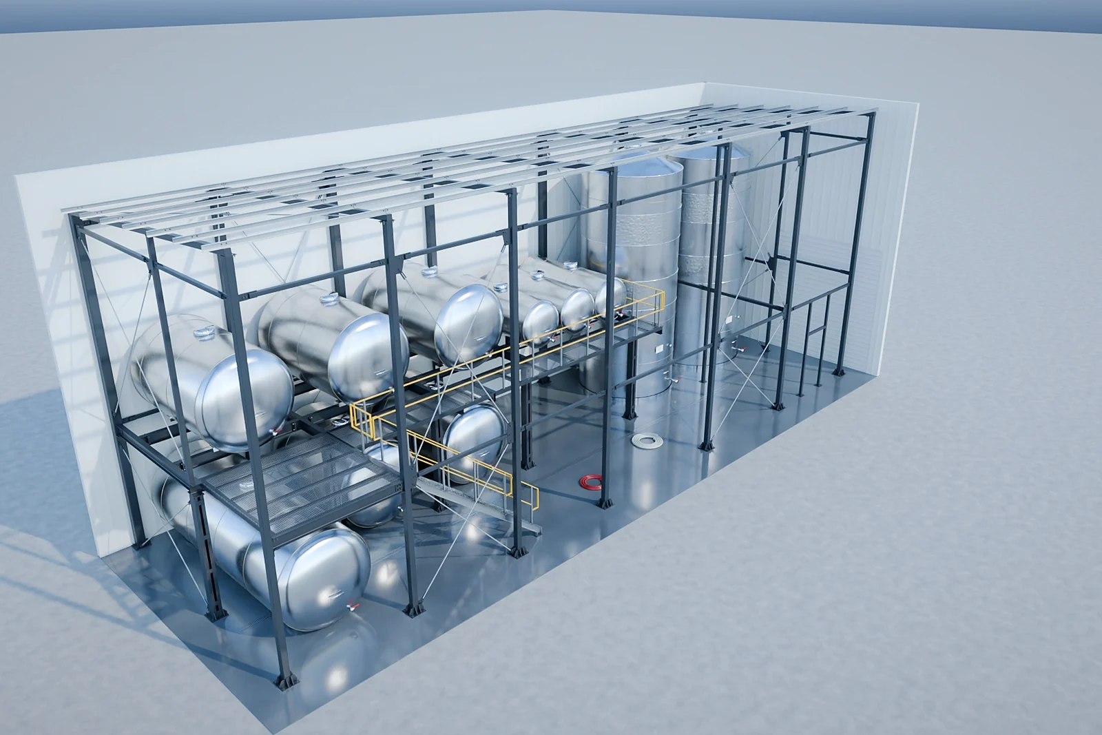 Randare a modelului 3D „Cramă: structură pentru rezervoare”, vedere principală